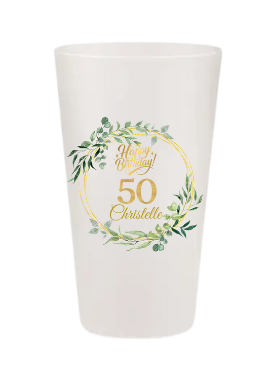 Gobelets personnalisés anniversaire or feuillage vert