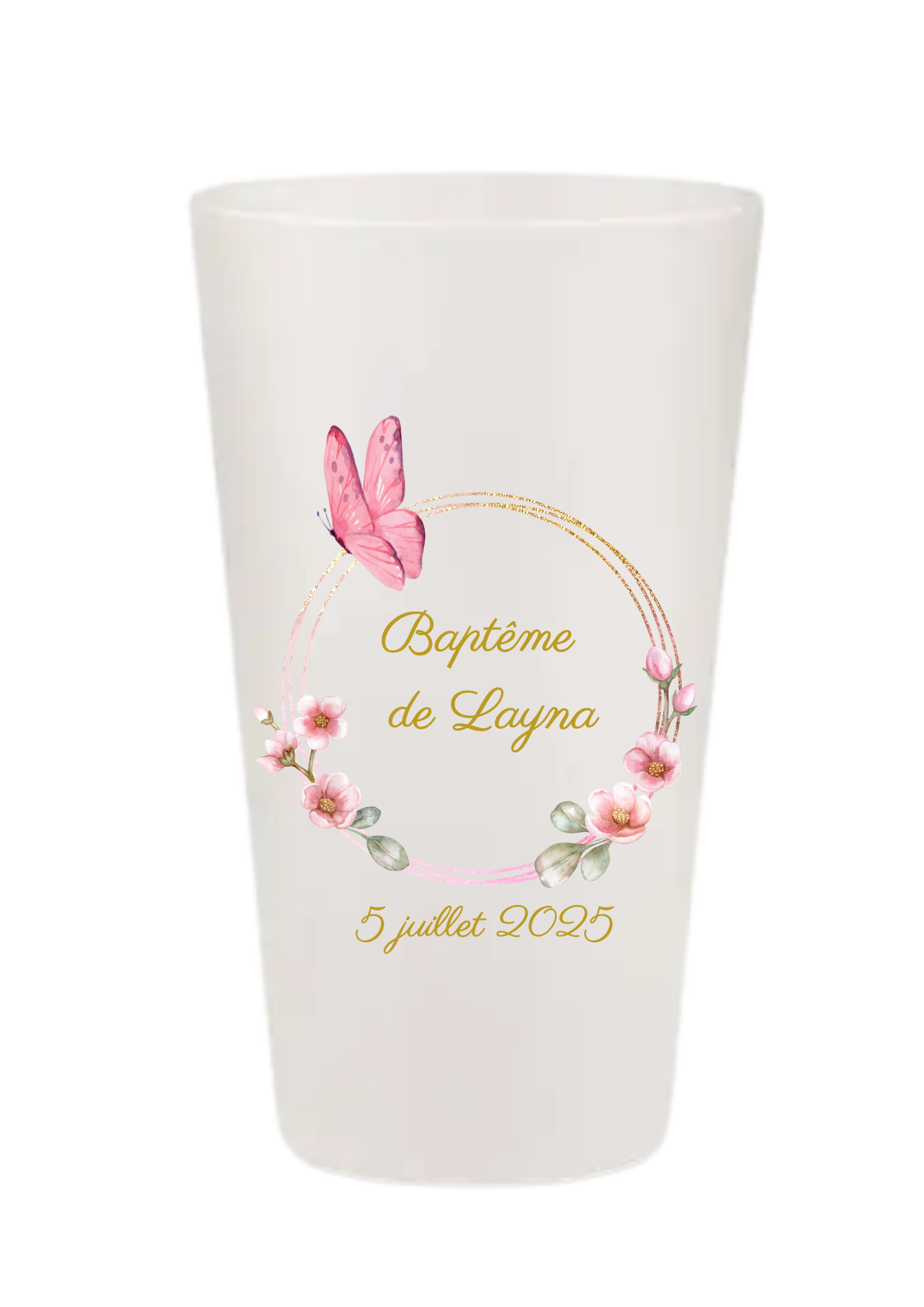 Gobelets personnalisés baptême/anniversaire fleur papillon rose