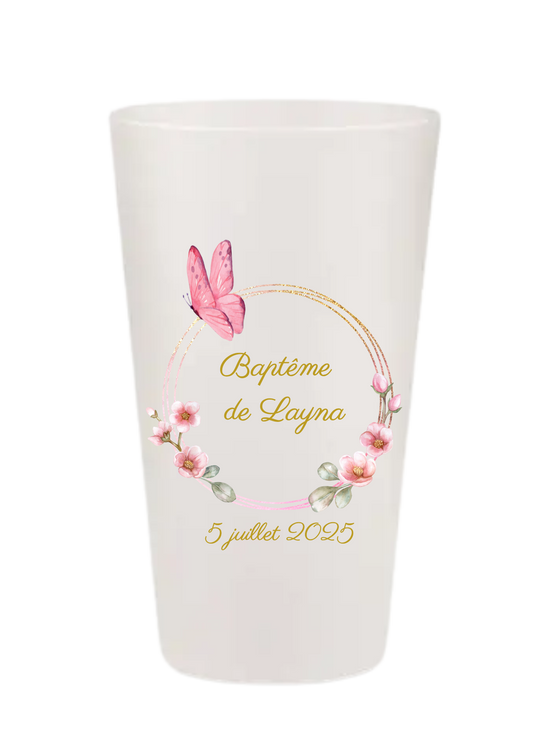 Gobelets personnalisés baptême/anniversaire fleur papillon rose