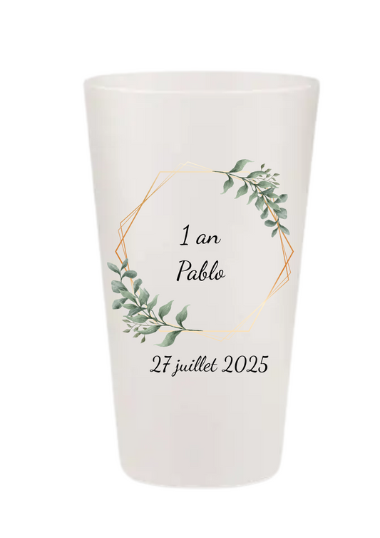 Gobelets personnalisés baptême/anniversaire feuillage vert sauge or