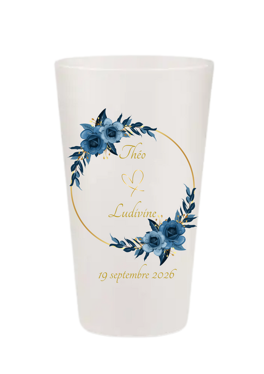 Gobelet mariage - Fleurs bleus élégantes & cercle doré