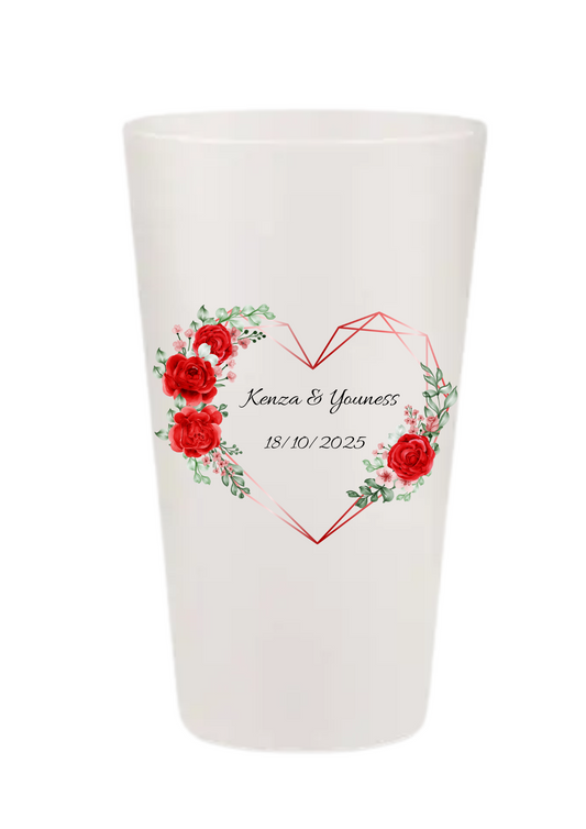 Gobelets personnalisés Mariage - fleur rose & cœur rouge