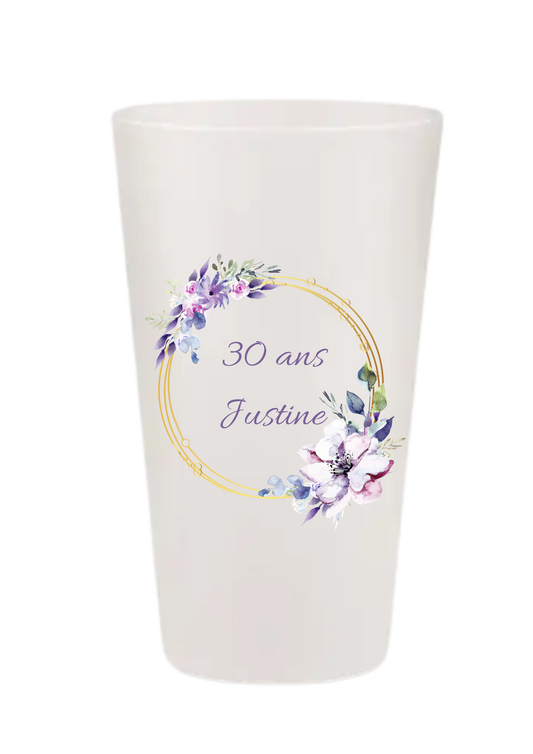 Gobelets personnalisés anniversaire fleuri violet or