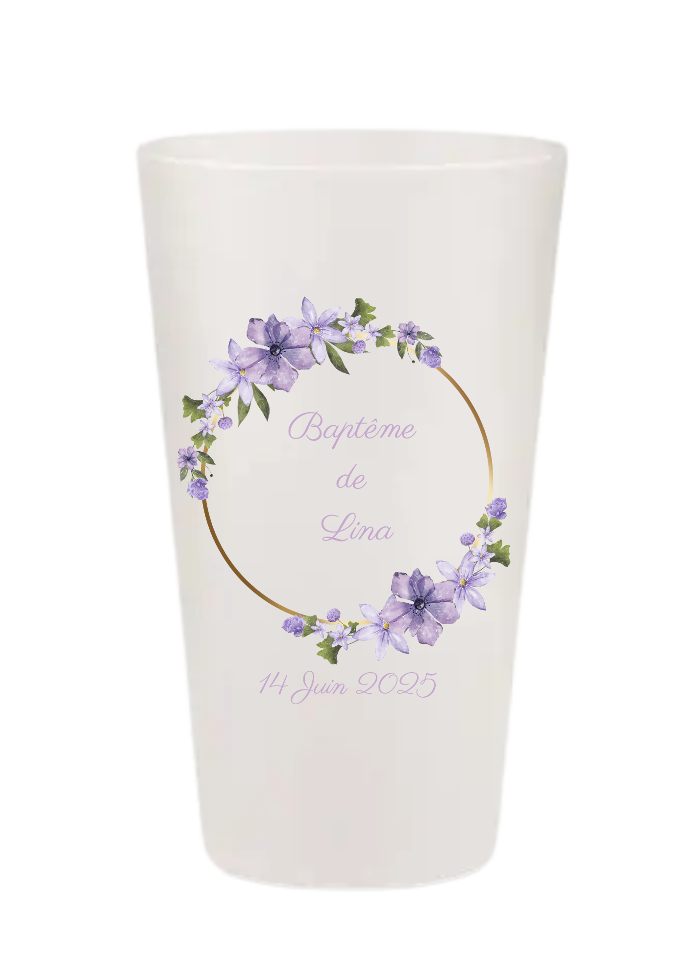 Gobelets personnalisés baptême/anniversaire fleuri violet lila