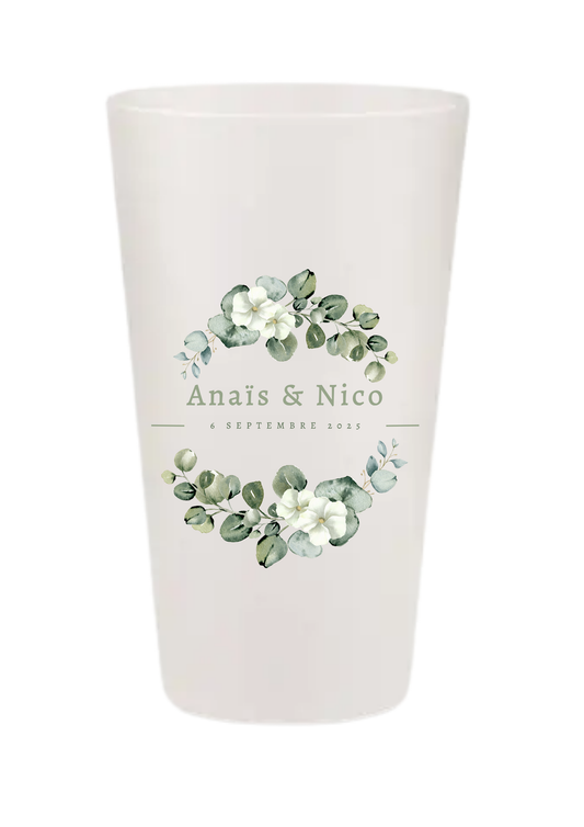 Gobelets personnalisés mariage - feuillage vert & blanc