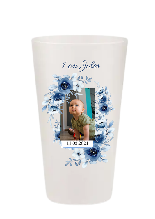 Gobelets personnalisés baptême/anniversaire bleu fleur photo