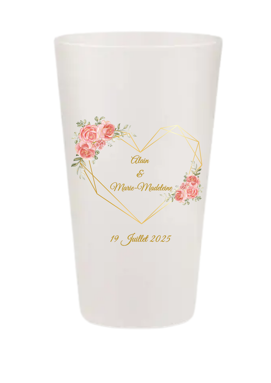 Gobelets personnalisés Mariage - cœur doré fleurs rose