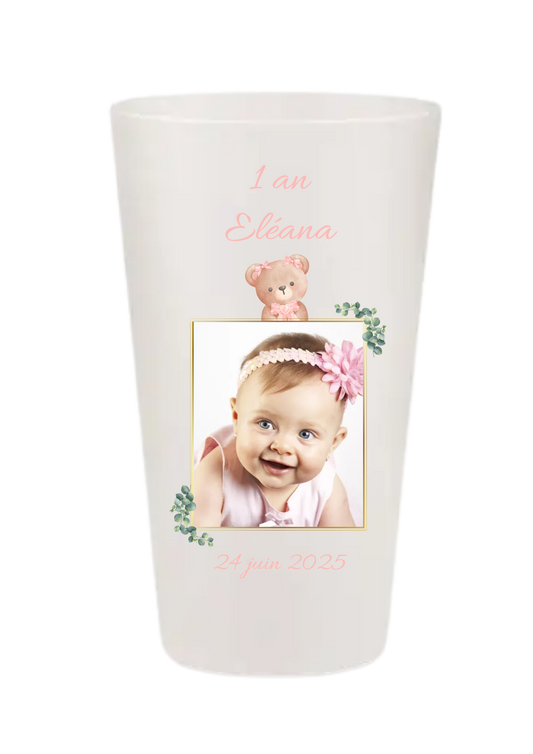 Gobelets personnalisés baptême/anniversaire ourson rose fleurie