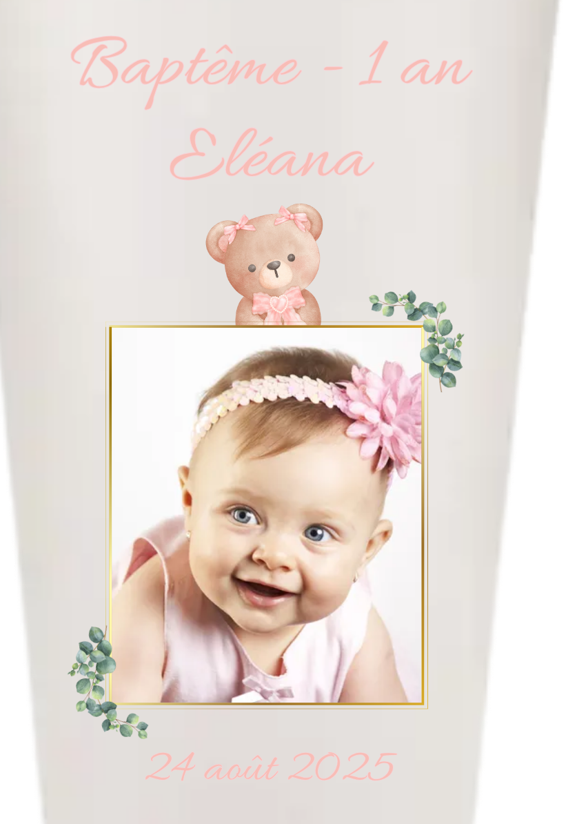 Gobelets personnalisés baptême/anniversaire ourson rose fleurie