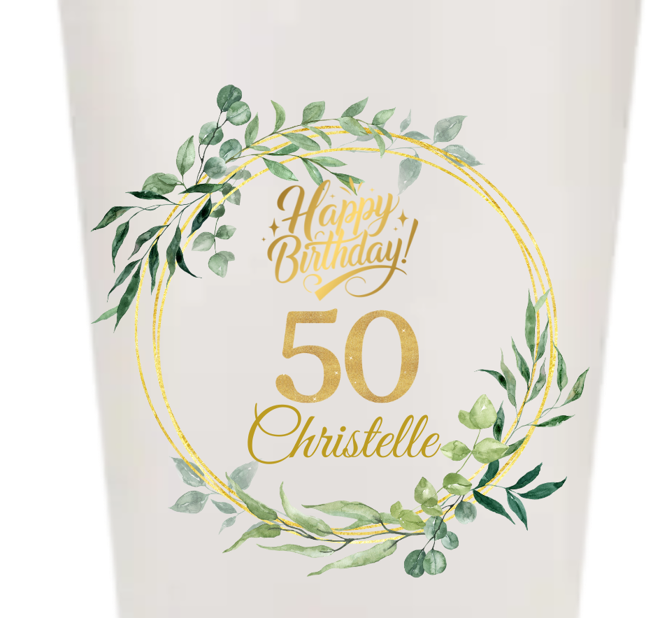 Gobelets personnalisés anniversaire or feuillage vert