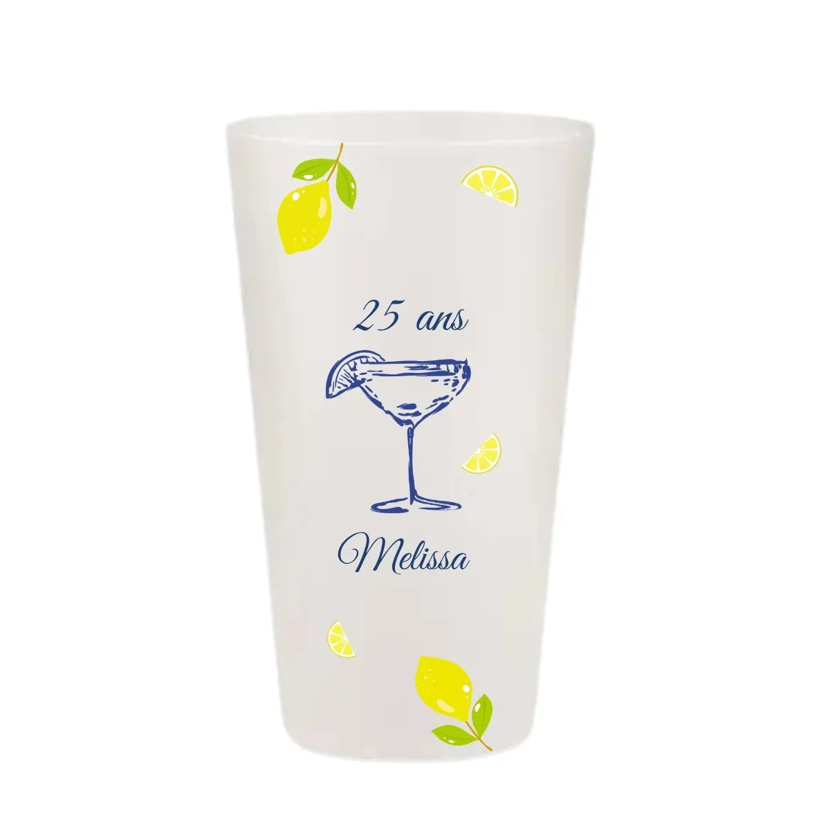 Gobelet d'anniversaire personnalisé KUZTOM modèle Dolce Vita avec illustration de cocktail et citrons.