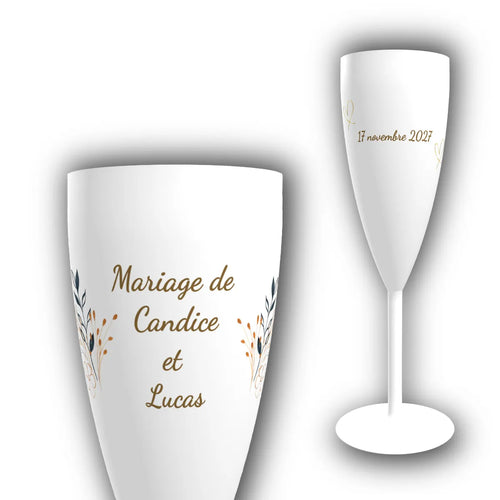 Flûte à champagne personnalisée pour mariage, calligraphie dorée Mariage de [prénoms des mariés] et date, brins botaniques bleu nuit et or