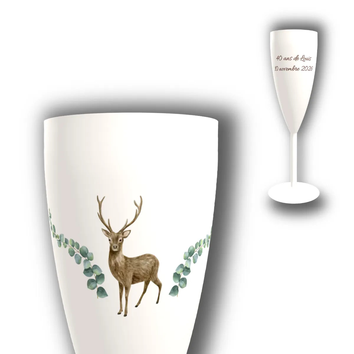 Flûte à champagne personnalisée Cerf & Eucalyptus — vue d'ensemble et gros plan du design