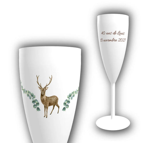 Flûte à champagne personnalisée translucide, motif cerf aquarelle et branches d'eucalyptus, avec texte 40 ans de Louis et date gravés