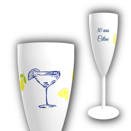 Flûte à champagne personnalisée pour anniversaire, motif citrons et olives, texte « 30 ans Céline » imprimé en bleu sur flûte