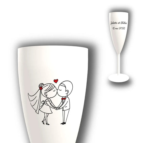 Flûte à champagne personnalisée Couple de Mariés — vue d'ensemble et gros plan du design