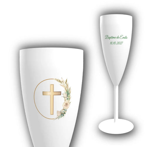 Flûte à champagne personnalisée pour baptême avec croix dorée, couronne florale ivoire et texte Baptême de l'enfant avec date