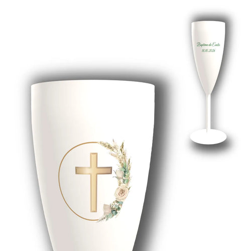 Flûte à champagne personnalisée Croix Dorée — vue d'ensemble et gros plan du design