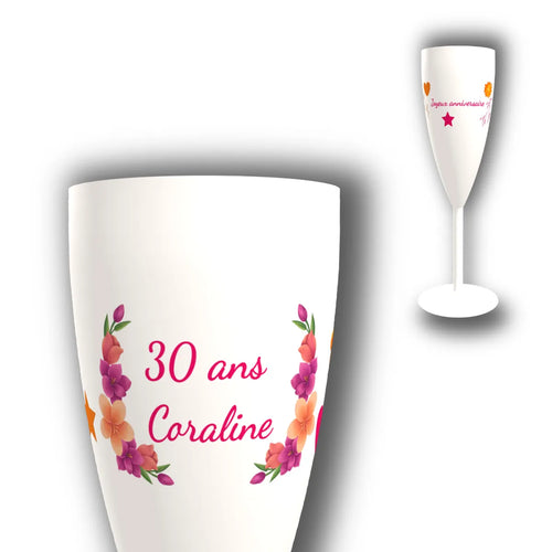 Flûte à champagne personnalisée Fleurs Tropicales — vue d'ensemble et gros plan du design