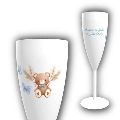 Flûte à champagne personnalisée pour baptême, motif ourson au nœud bleu, papillons et pampa, avec prénom de l'enfant et date à personnaliser