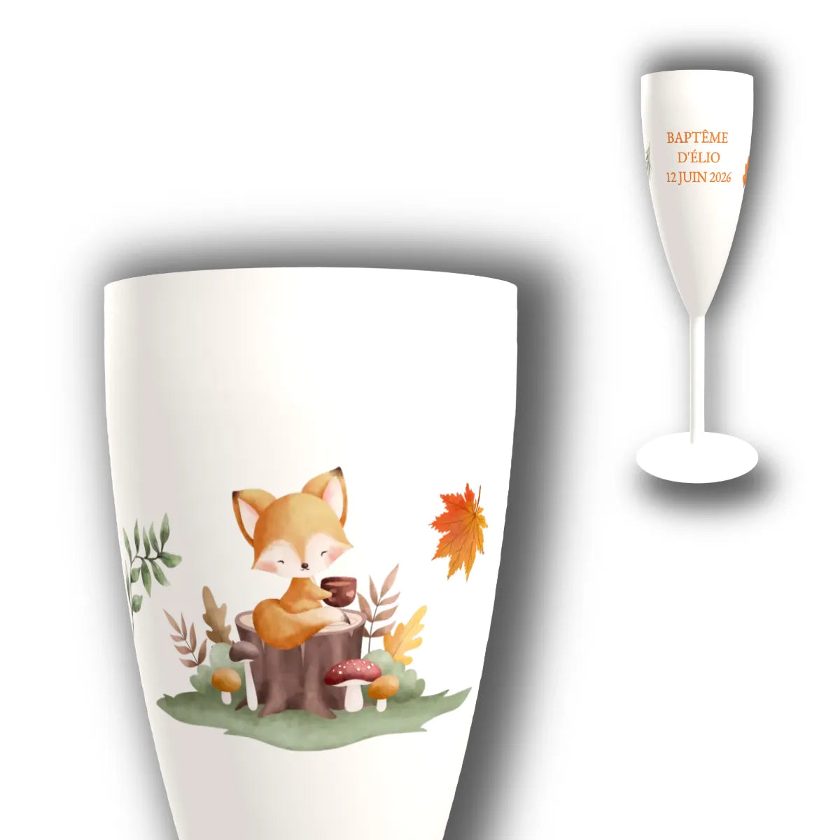 Flûte à champagne personnalisée Petit Renard — vue d'ensemble et gros plan du design