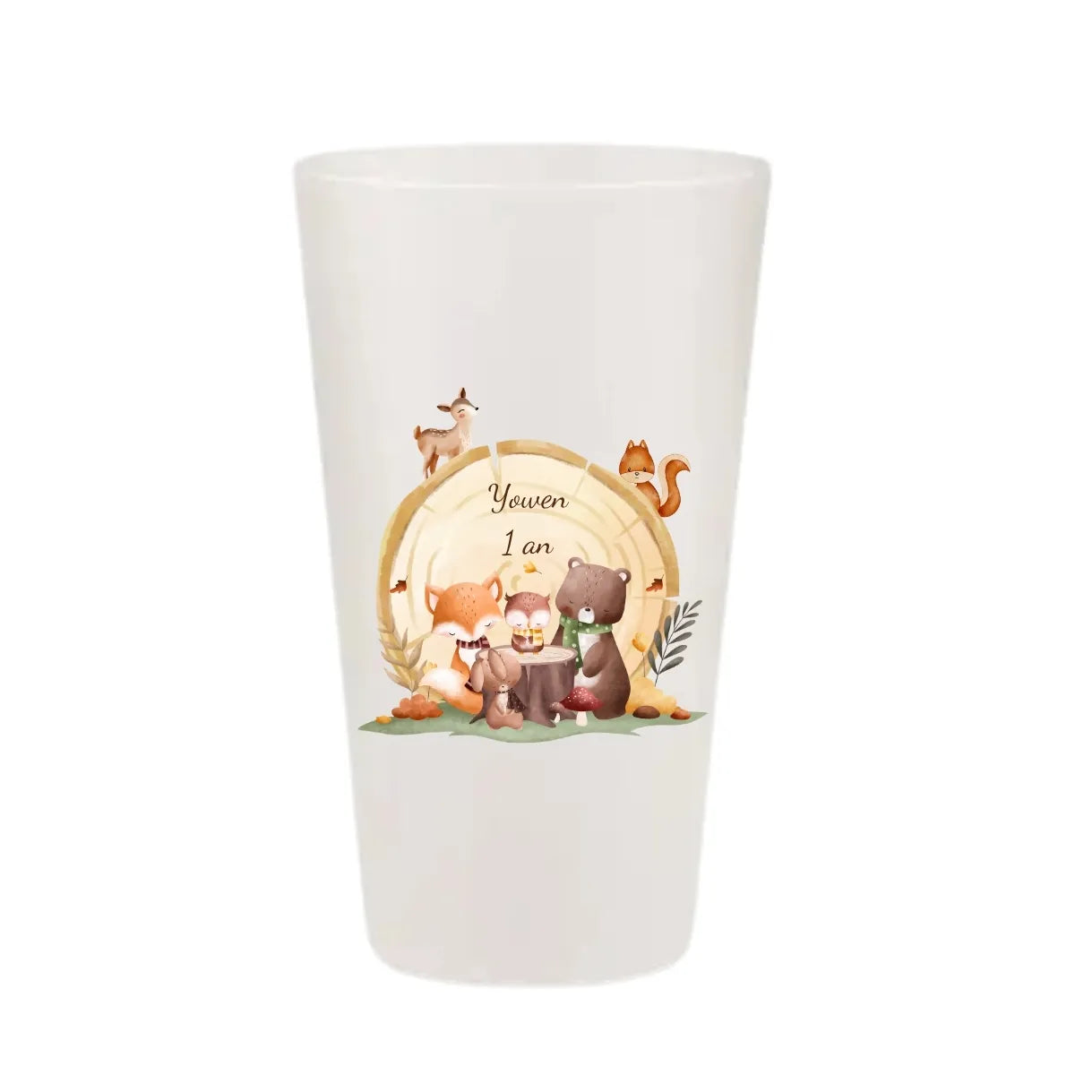 Gobelet anniversaire KUZTOM avec animaux de la forêt et souche d'arbre.