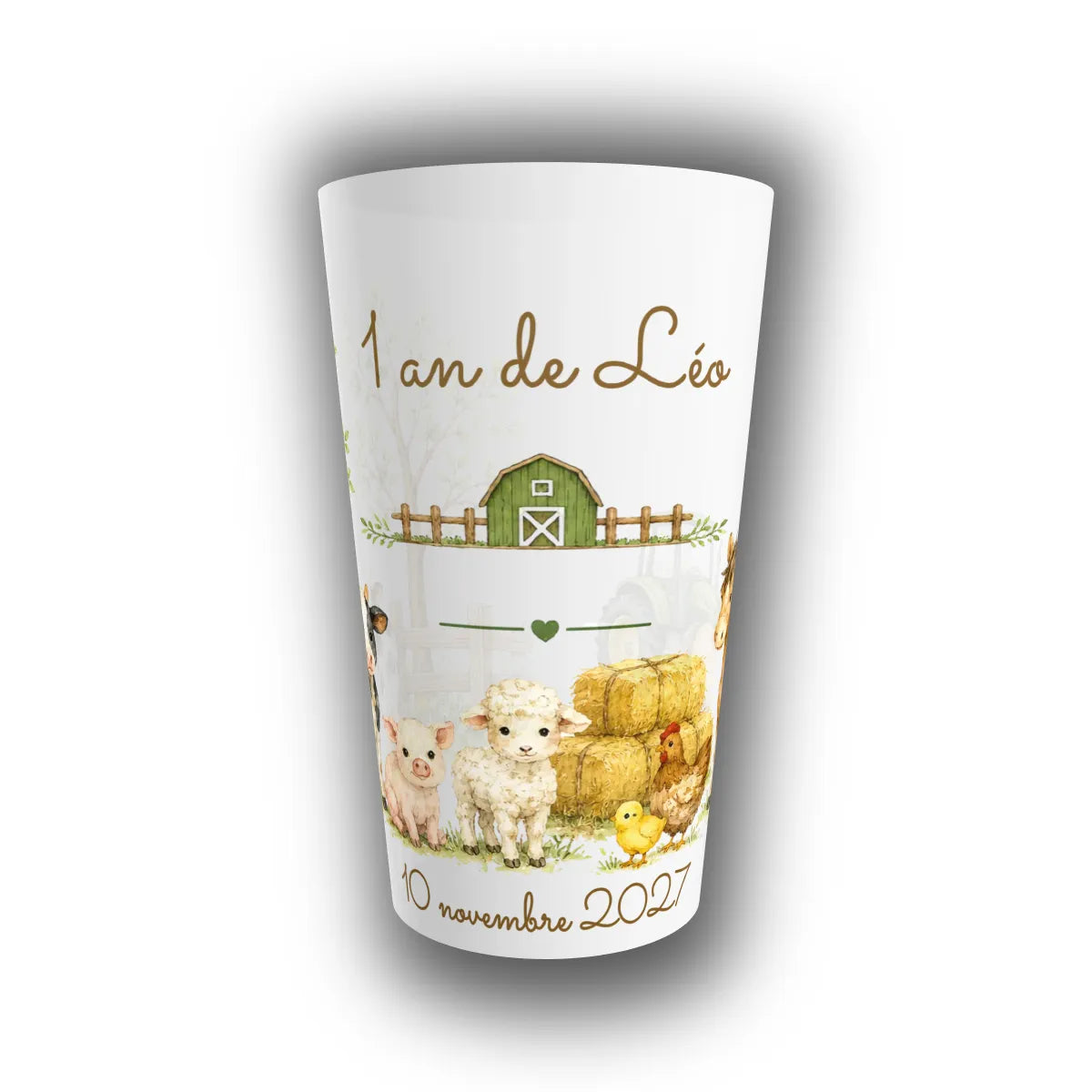 Gobelet réutilisable personnalisé anniversaire enfant, motif ferme aquarelle avec vache, cochon et mouton, prénom et date de l'enfant inscrits