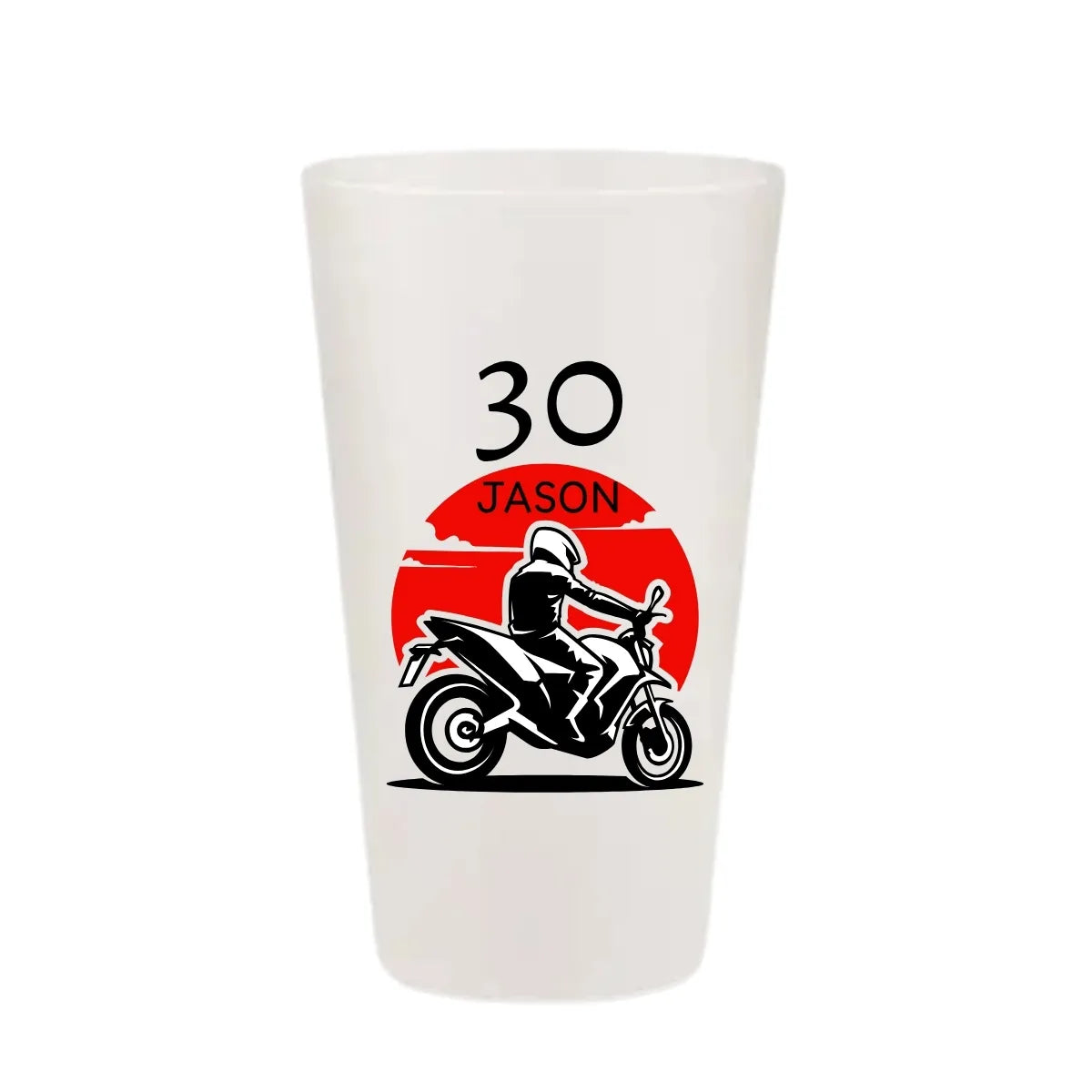 Gobelet anniversaire KUZTOM avec silhouette de motard et soleil rouge.