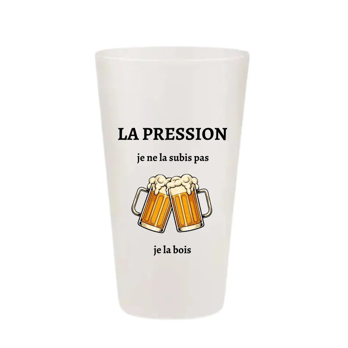 Vue de l'autre face du même gobelet montrant l'illustration de deux bières qui trinquent et une citation drôle.