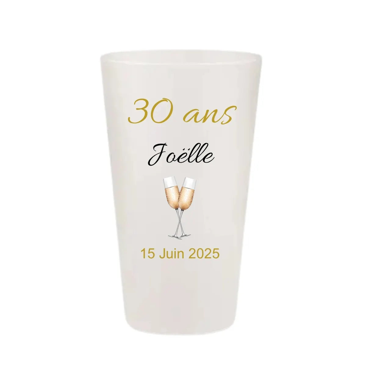 Gobelet d'anniversaire personnalisé KUZTOM modèle Bulles d'Or avec illustration de flûtes de champagne.