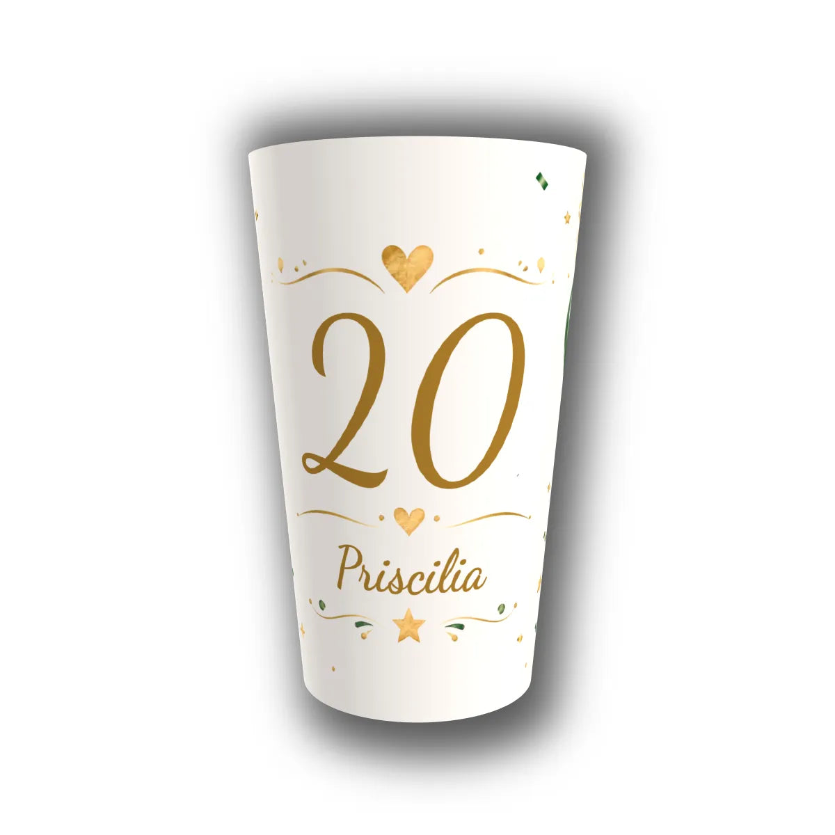 Gobelet anniversaire personnalisé — cœurs dorés, étoile et confettis or et vert, réutilisable, Kuztom