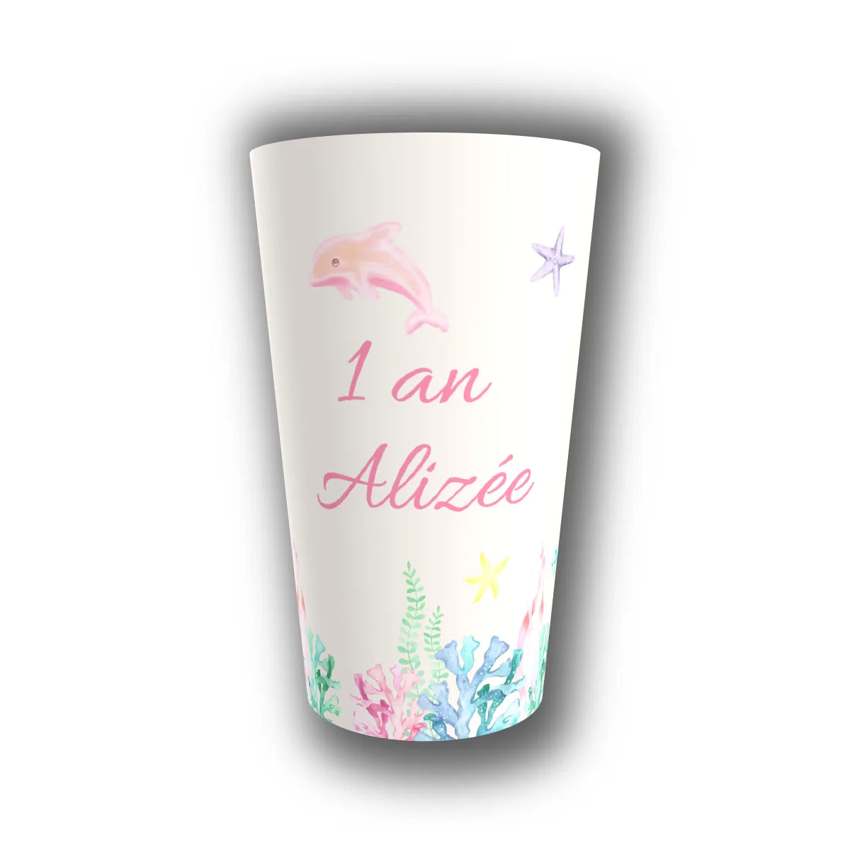 Gobelet anniversaire enfant personnalisé dauphin rose et océan pastel aquarelle – coraux et étoiles de mer – 1 an Alizée
