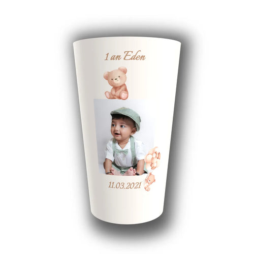 Gobelet anniversaire personnalisé Doux Ourson Photo — réutilisable, Kuztom