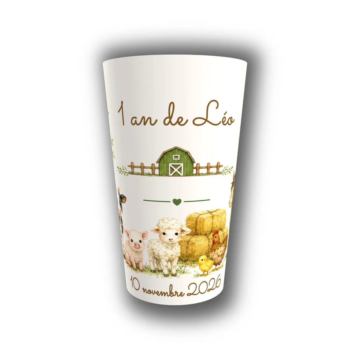 Gobelet anniversaire enfant personnalisé animaux de la ferme aquarelle – vache, cochon, mouton, poule – 1 an de Léo