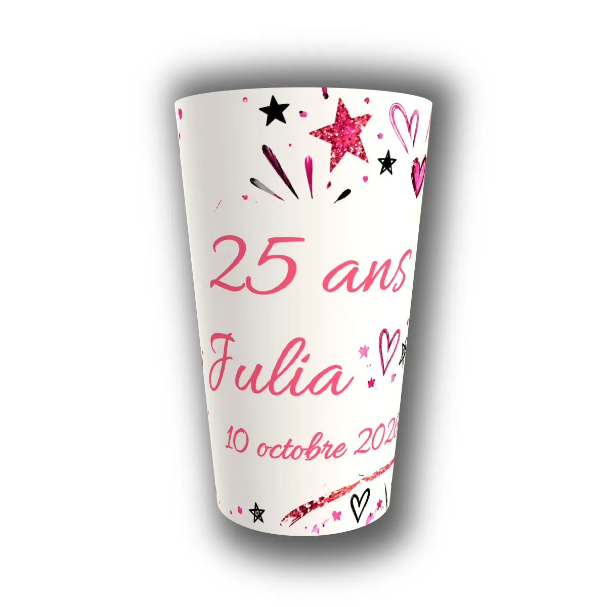 Gobelet anniversaire personnalisé — étoiles et cœurs roses pailletés, réutilisable, Kuztom