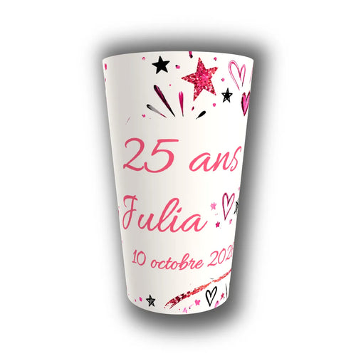 Gobelet anniversaire personnalisé — étoiles et cœurs roses pailletés, réutilisable, Kuztom