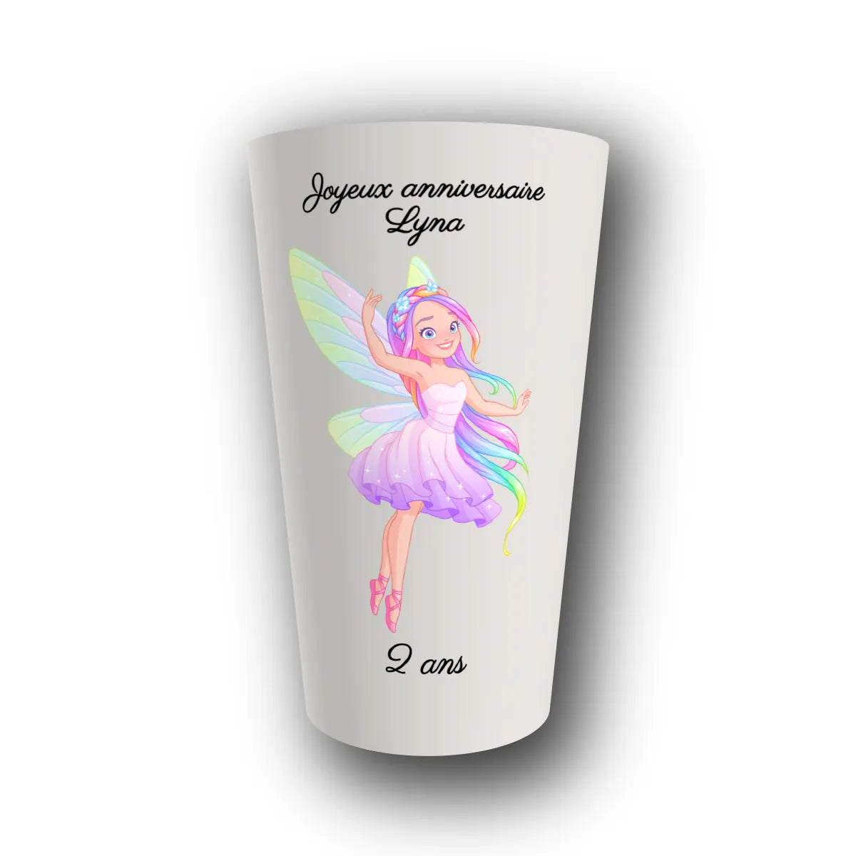 Gobelet réutilisable personnalisé anniversaire, fée arc-en-ciel, rendu 3D