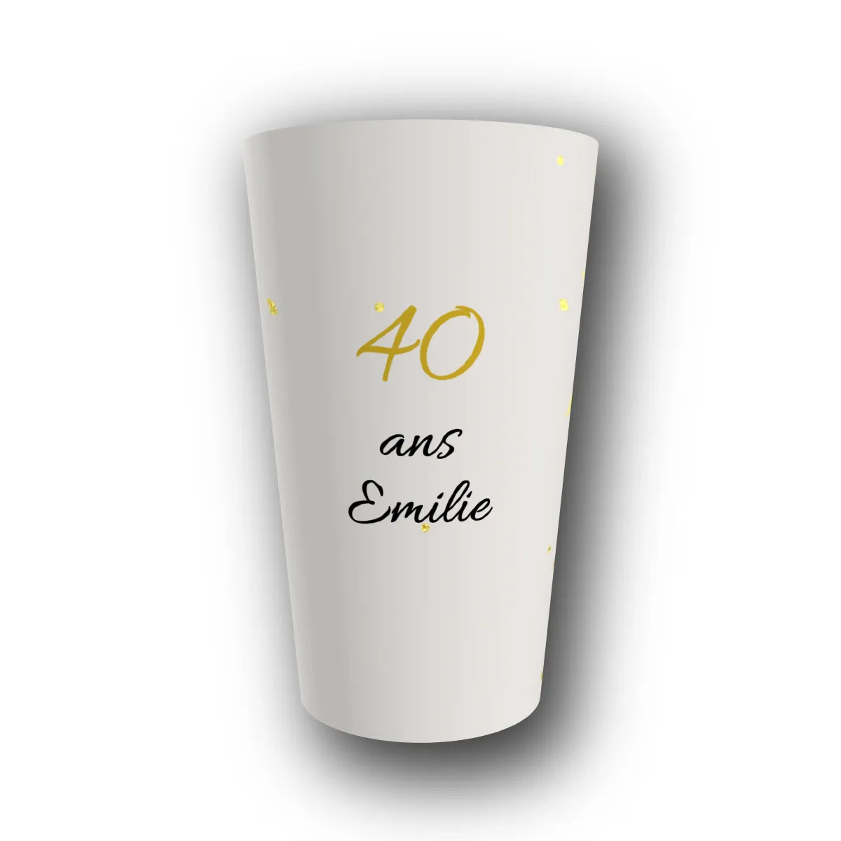 Gobelet réutilisable personnalisé anniversaire, festivités et éclats d'or, rendu 3D