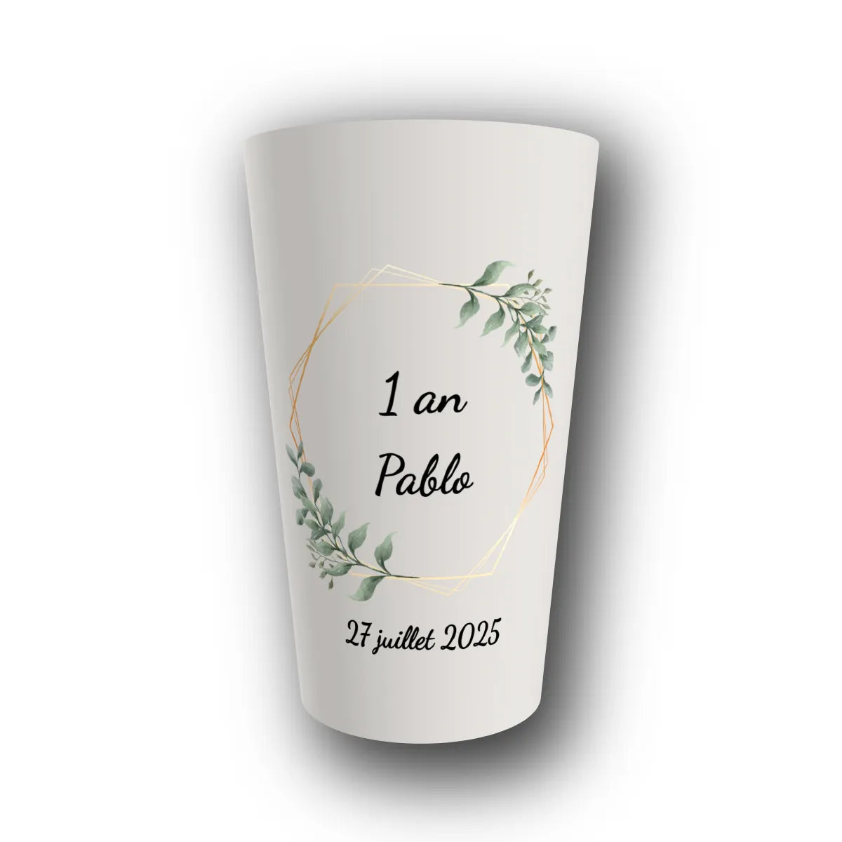 Gobelet réutilisable personnalisé anniversaire, hexagone eucalyptus, rendu 3D