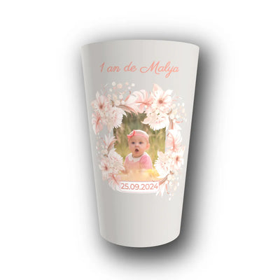 Gobelet réutilisable personnalisé anniversaire, photo et instant fleuri, rendu 3D