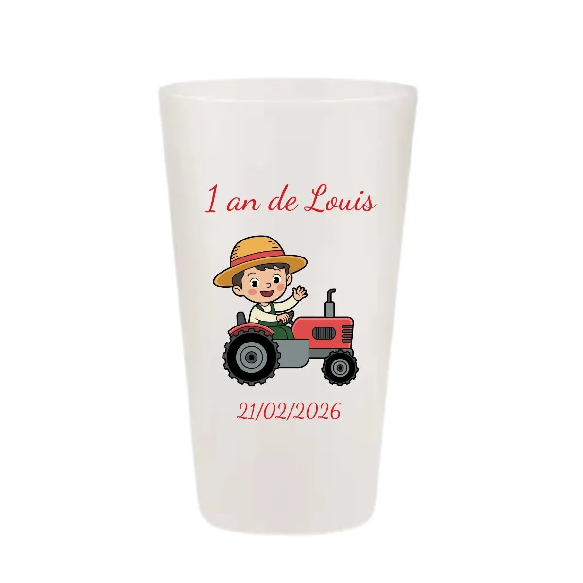 Gobelet d'anniversaire personnalisé KUZTOM avec illustration d'un enfant sur un tracteur rouge.