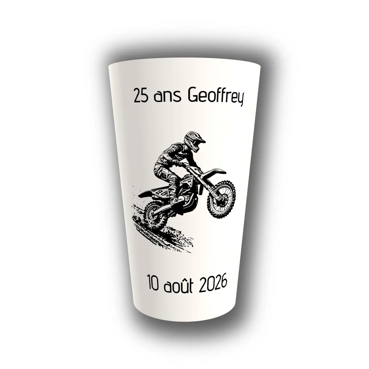 Gobelet anniversaire personnalisé motocross – pilote de moto tout-terrain noir et blanc – 25 ans Geoffrey