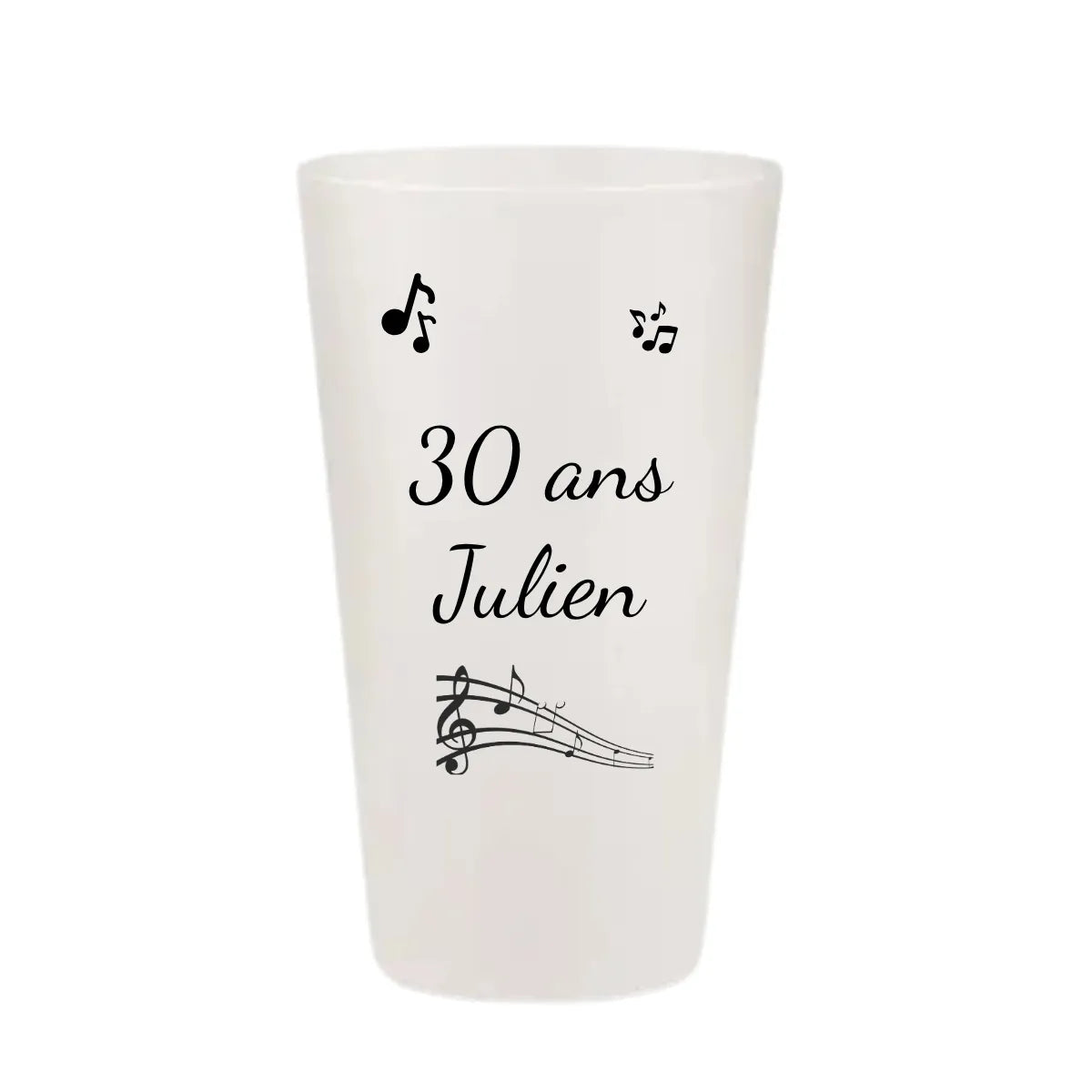 Gobelet d'anniversaire personnalisé KUZTOM avec notes de musique et portée musicale.