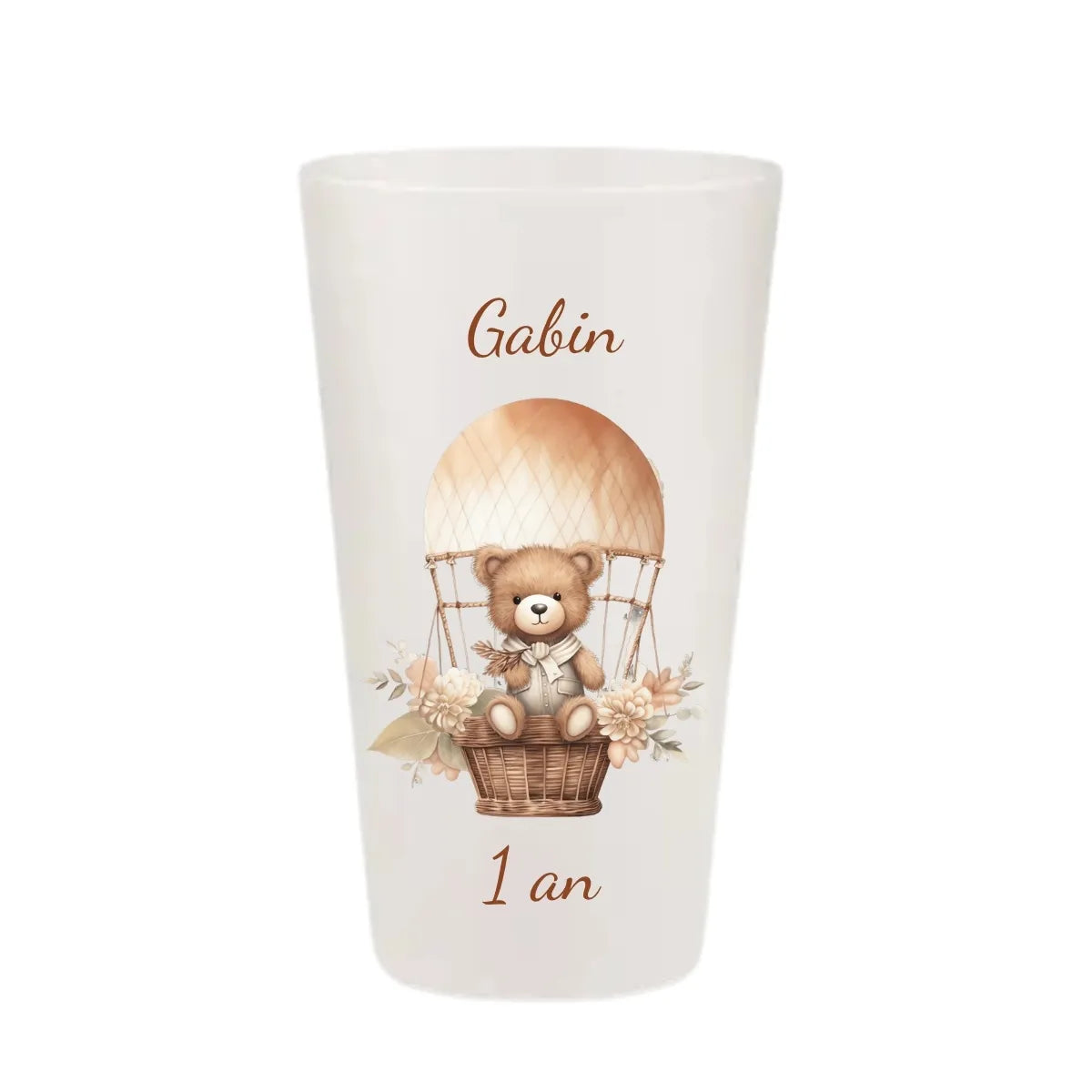 Gobelet réutilisable personnalisé pour anniversaire enfant, illustration d'un ourson dans une montgolfière avec fleurs, fabriqué en France.