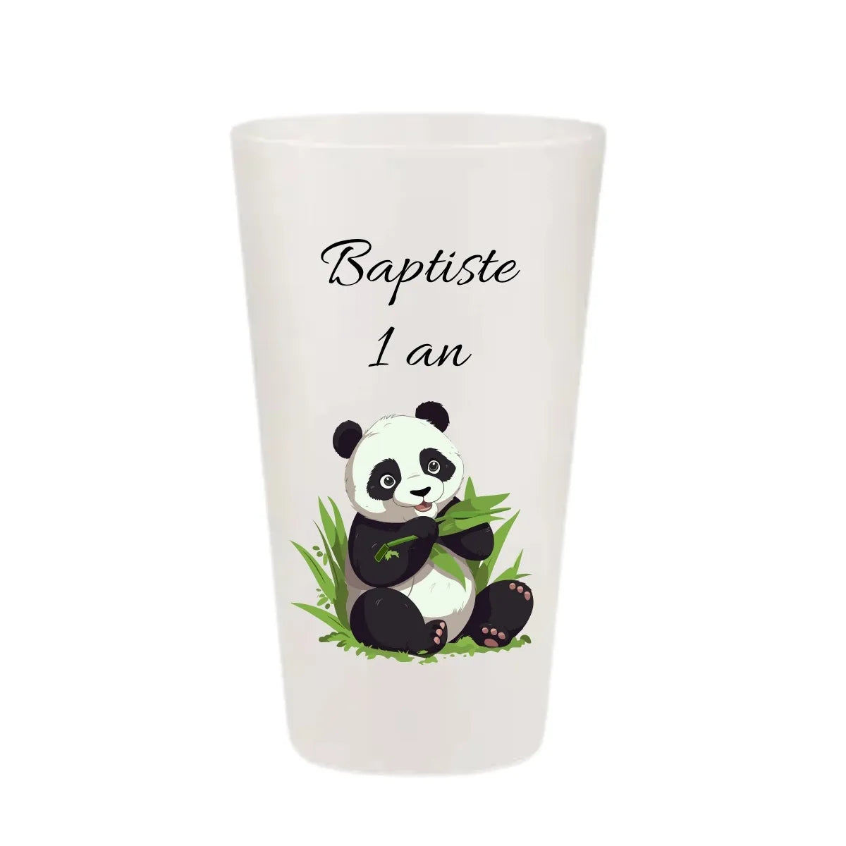 Gobelet anniversaire personnalisé KUZTOM avec plusieurs illustrations de panda et feuilles de bambou. Face