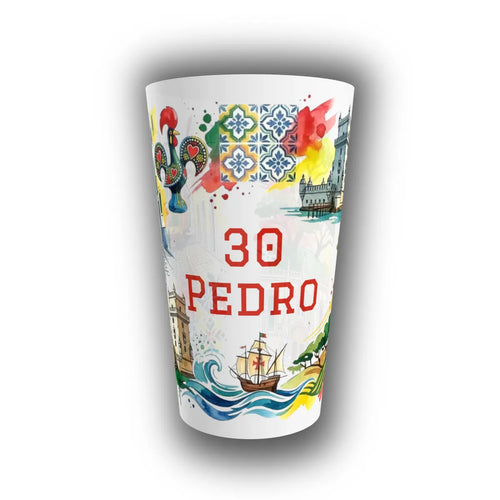 Gobelet anniversaire personnalisé Portugal, translucide, orné du coq de Barcelos, d'azulejos, de la Tour de Belém et d'une caravelle, avec prénom et âge