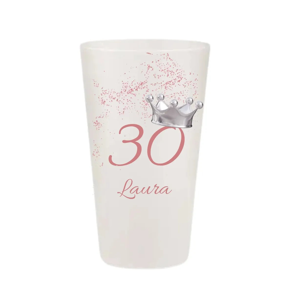 Gobelet réutilisable personnalisé pour anniversaire, design avec couronne argentée et paillettes roses, fabriqué en France.