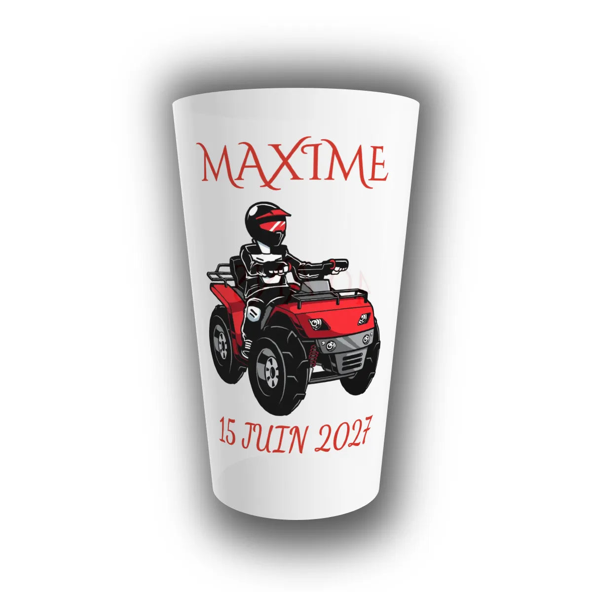 Gobelet réutilisable personnalisé anniversaire quad, translucide, avec pilote casqué sur quad rouge, prénom et date modifiables