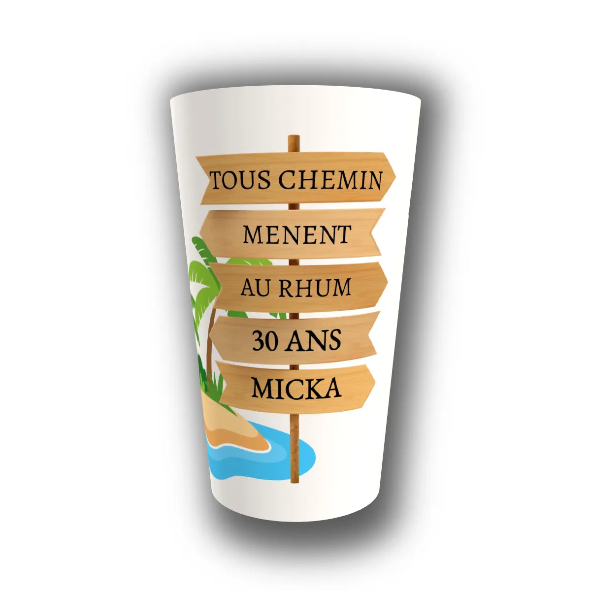 Gobelet anniversaire personnalisé humoristique « tous les chemins mènent au rhum », panneau tropical — réutilisable, Kuztom