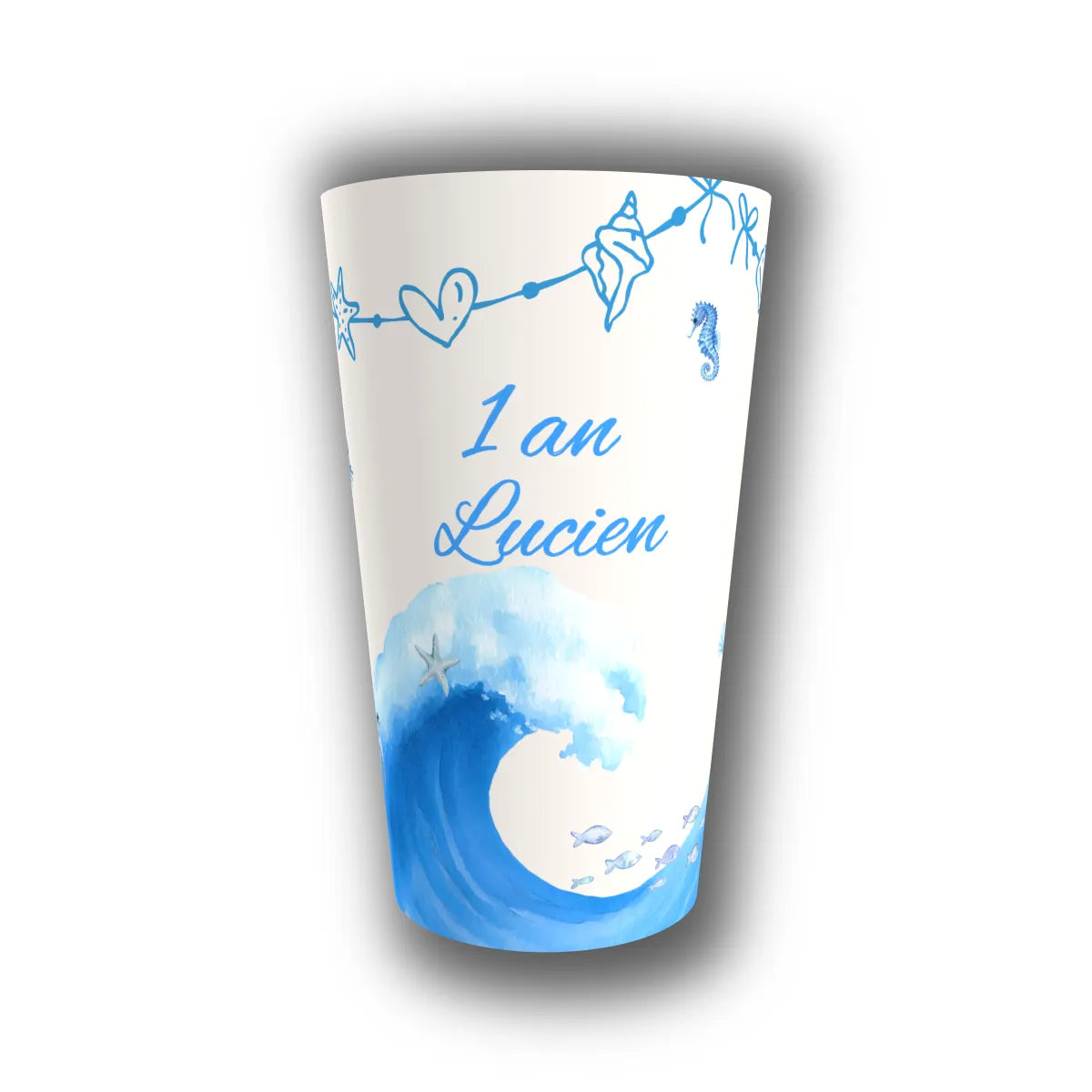 Gobelet anniversaire enfant personnalisé vague et océan bleu aquarelle – hippocampe et étoiles de mer – 1 an Lucien
